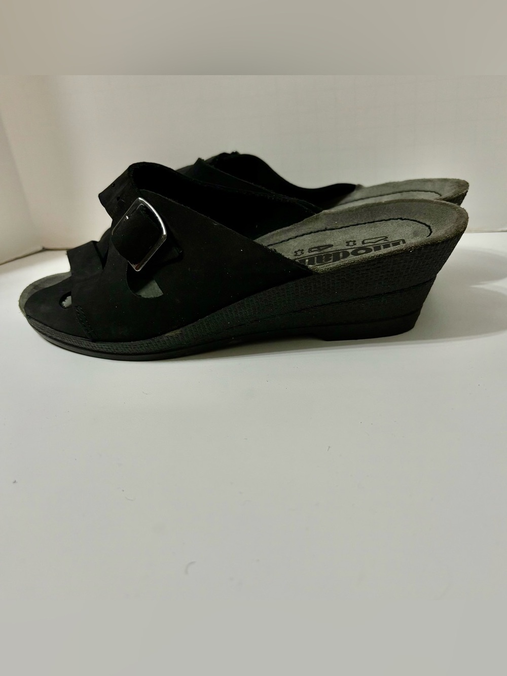 Moda Black Wedge Slide Sandals with Buckle